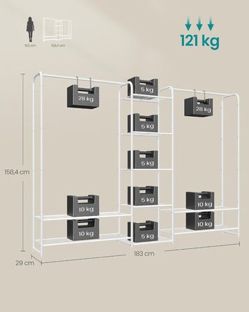 SONGMICS Взуттєва шафа, відкрита вішалка для одягу, металева, з полицями, 29 x 112 x 158,4 см, матово-білий LGR462W01