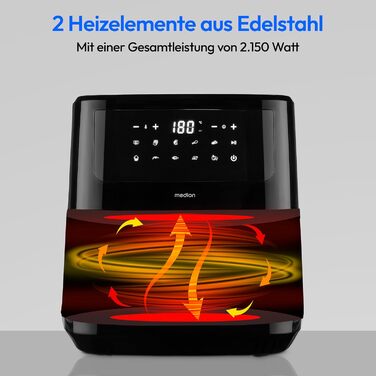 Аерофритюрниця MEDION P10 XL 6,8 л, 2150 Вт, нержавіюча сталь, 9 автоматичних програм, сенсорне керування, LED-дисплей, чорна
