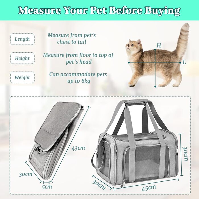 Транспортна сумка для кота/собаки 45x30x30 см, складана, дихаюча, 7 кг, сіра
