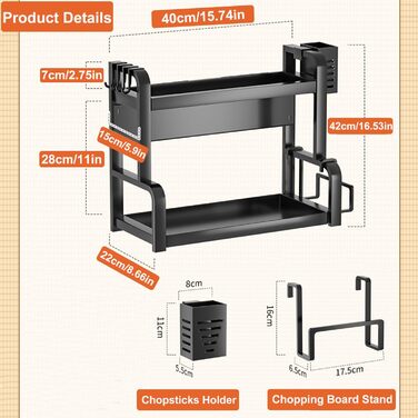 Стійка для спецій Devesanter на 2 яруси, велика місткість, з контейнерами, органайзер для кухні, з підставкою для дощок, з гачками, чорний