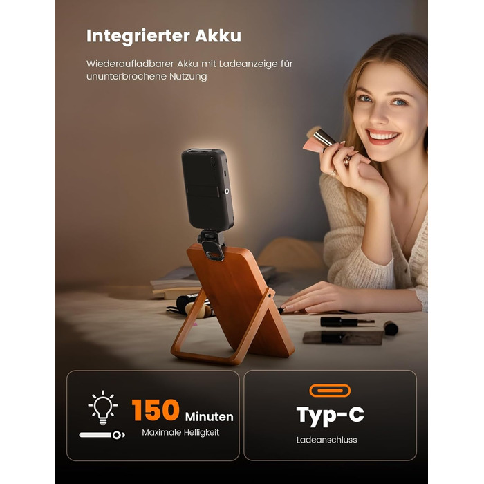 Лампа для селфі з софтбоксом та штативом – перезарядна світлодіодна лампа Clip-Fill з 96 LED, для телефону, iPhone, камери та ноутбука, для макіяжу, TikTok, Vlogs та відеодзвінків