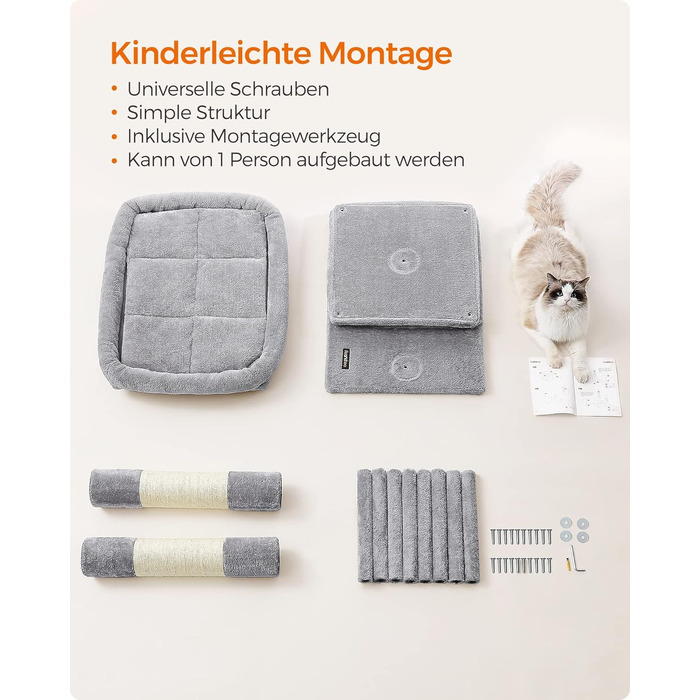 Feandrea Cat Tree, 84 cm Cat Tree, L, Cat House for Large Cats up to 7 kg, Large Platform, 2 Cat Caves, Sisal Posts, PCT61W (XL (68 x 48 x 101 cm), Light Grey)