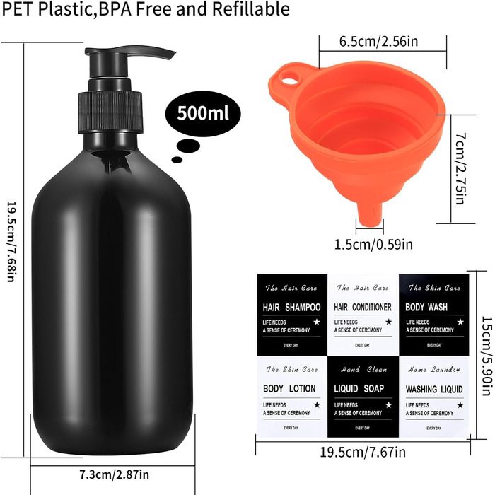4 шт. Наповнювані порожні флакони для шампуню, 500 мл, дозатори для мила, шампуню, кондиціонера, гелю для душу, наклейки (чорний)