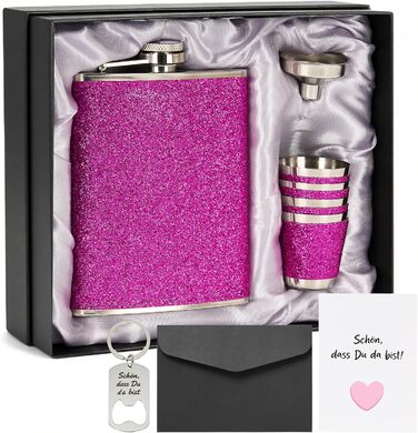 Персоналізований набір фляг 8oz з гравіюванням – фляга з нержавіючої сталі, 4 склянки, воронка та подарункова коробка для дружків, подарунок на весілля для чоловіків та жінок (Рожевий)