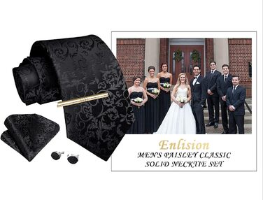 Чоловічий краватковий та нагрудний комплект Enlision: краватка, краваткова кліпса, нагрудний хустинка, чорний колір, універсальний розмір