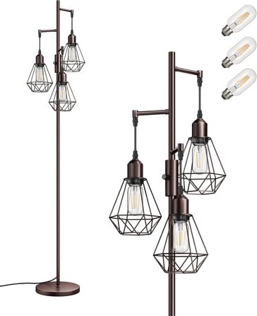 LED торшер Edishine для вітальні, 3 лампи, ретро стиль, диммування, 4W E27, регулювання поворотною ручкою, індустріальний дизайн, металевий абажур-сітка, 2700K, висота 166 см, колір: коричневий
