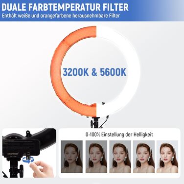 NEEWER Кольцеве світло 50 см (20 дюймів) LED з триподом та тримачем для телефону, 44 Вт, 3200K-5600K, з акумулятором, USB, для макіяжу, тату, вій, YouTube, TikTok, відеозйомки (RL-18)