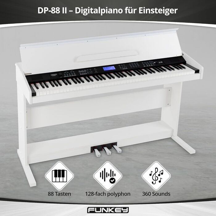 FunKey DP-88 II – цифрове піаніно з 88 клавішами, поліфонія 128, 360 звуків, 160 стилів, MP3-плеєр, функція навчання, запис та відтворення, 3 педалі, білий колір
