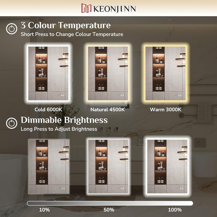 Дзеркало для ванної кімнати Keonjinn з підсвічуванням 60 см, антизапарюючий, з сенсорним вимикачем, пам'ять, 3 кольори світла, регульована яскравість, LED, без рами, прямокутне (90x90 см)