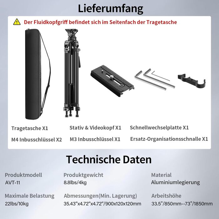Штатив відео SIRUI AVT-11 з 360° Fluid-головкою, 180 см, для DSLR/Camcorder, алюміній, вантажопідйомність 10 кг