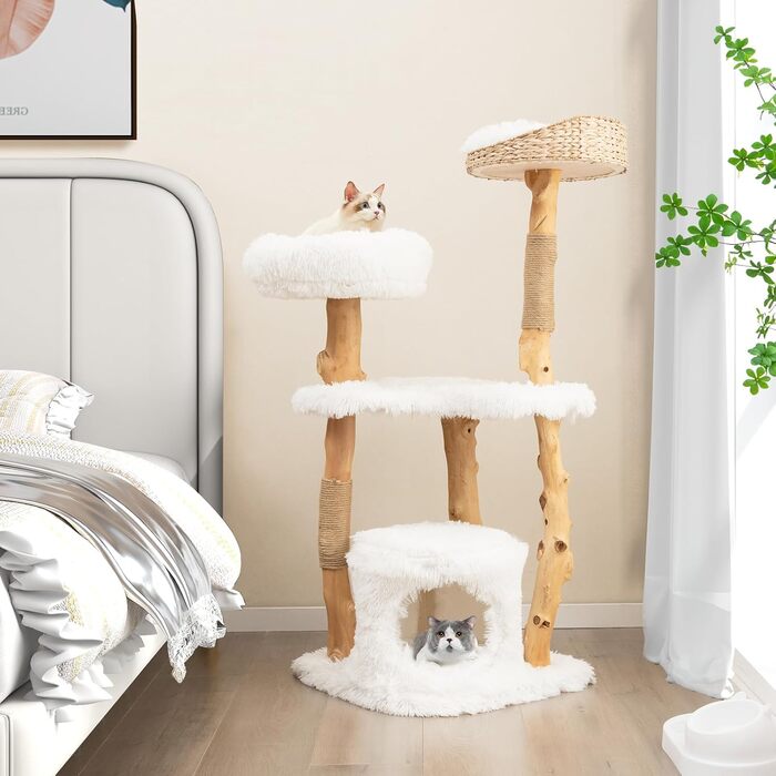 Дерев'яна кігтеточка SOARS для котів з 3 природними стовбурами, ліжком та плюшевими поверхнями, з іграшковим м'ячиком та джутовим мотузком, багатоповерхова, біла (124 см)