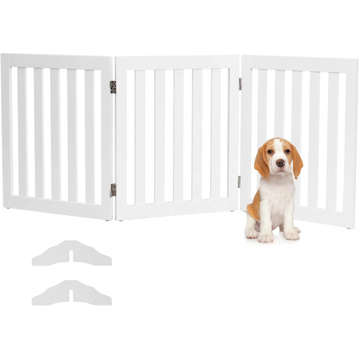 Захисний бар'єр для собак COSTWAY 60см, дерев'яне огорожа, дитяче ворота, розкладні, для захисту сходів, білий (3 панелі)