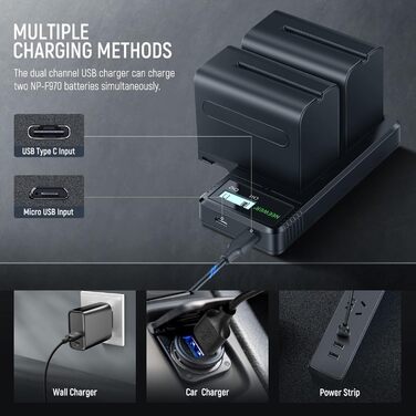 Зарядний пристрій NEEWER Dual USB з 2 шт. акумуляторами 6600mAh NP-F970, швидка зарядка для Sony NP-F970 F960 F950 F770 F750 F570 F550, Handycam, LED-ліхтарі, моторизовані слайдери NEEWER