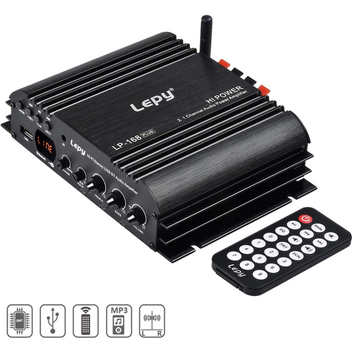 Lepy LP-168 Plus Bluetooth підсилювач 2.1 канали, 2x45Вт+68Вт, HiFi цифровий стерео бас, USB, MP3, MP4, DVD, для авто, з LED підсвіткою