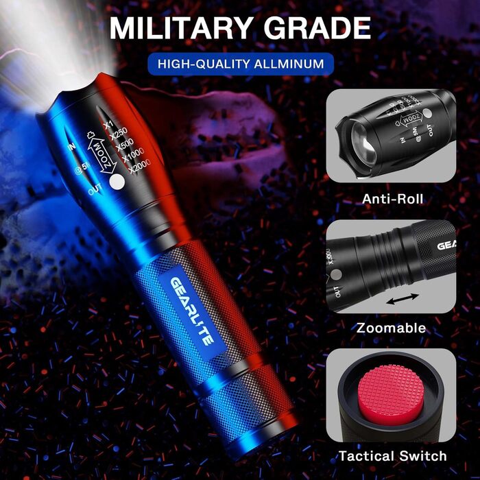 LED ліхтарик Gearlite 2 шт., 2000 люмен, 5 режимів, IP65, водонепроникний, для кемпінгу, туризму, дітей, чорний