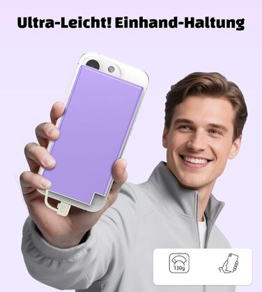 Power Bank Auskang 5000mAh Slim з кабелем для iPhone (сумісний з iPhone 14 та попередніми моделями) - фіолетовий+білий, 0.68 см