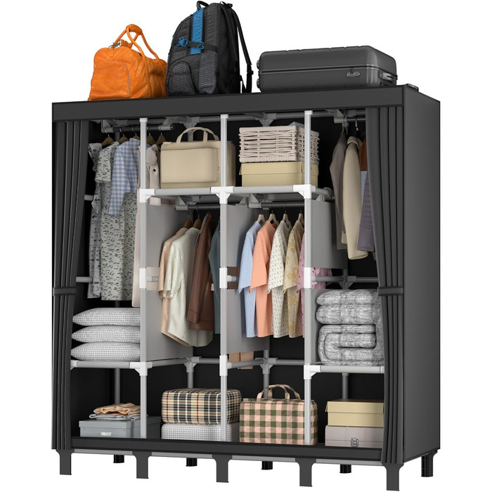LOEFME Wardrobe 170 * 175 * 45cm, Fabric Wardrobe for Bedroom, Clothes Wardrobe Fabric, Fabric Clothes Wardrobe with 2 Hanging Rails (Black)