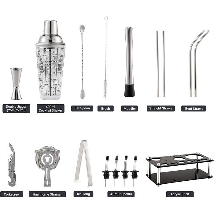 Набір для коктейлів Ohuhu 17 частин, преміум-набір бармена з нержавіючої сталі, аксесуари для приготування коктейлів, подарунок для жінок та чоловіків