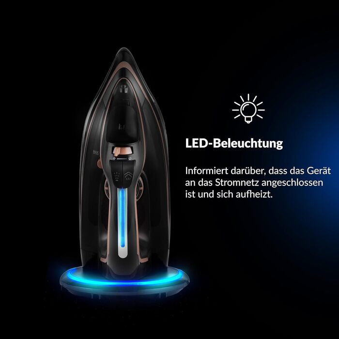 Парове прасування LEHMANN бездротове з базою для зарядки, регулювання температури та 5 програм, керамічна підошва, вертикальний пар, автовимкнення, чорний/рожеве золото