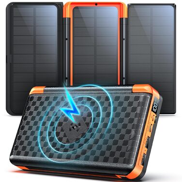 Портативний зарядний пристрій 63200mAh з сонячною панеллю: Power Bank з 3 сонячними панелями, 22.5W USB-C, швидка зарядка, SOS ліхтарик, цифровий дисплей, для кемпінгу, чорно-оранжевий