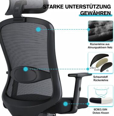 Ергономічне крісло для офісу, обертовий офісний стілець з подушкою для попереку, регульовані підголівник та підлокітники, крісло для керівника до 150 кг (Чорний)