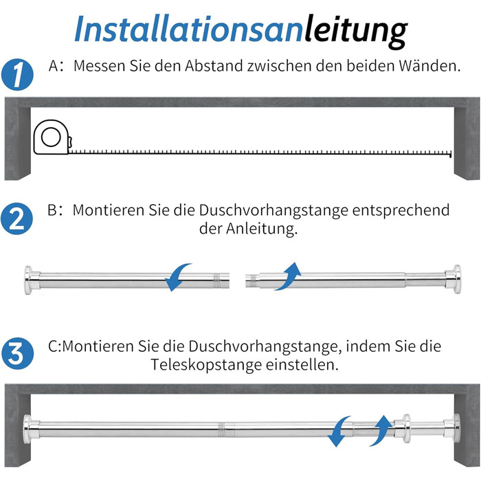 Штанга для душу з нержавіючої сталі без свердління, телескопічна, 70-195 см, срібна
