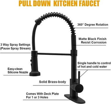 Кухонний змішувач BESy з 3 режимами струменя, висувна лійка, водоспад, поворотний на 360°, для високого тиску, з нержавіючої сталі SUS304, матовий чорний