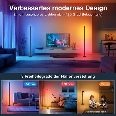 LED-лампа на підставці HANDSONIC RGBIC, 140 см, чорна, для вітальні, з регулюванням яскравості, 16 мільйонів кольорів, керування через додаток, кут освітлення 180°, ідеально для геймінгу