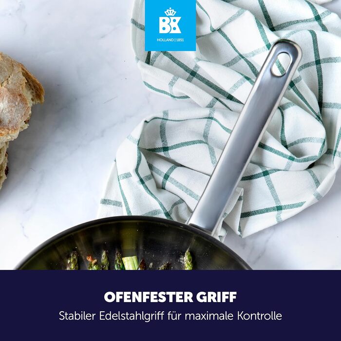 Сковорода BK Bright з нержавіючої сталі, 30 см, з антиковзним покриттям, для професійного приготування, Induktion, сумісна з духовкою до 230°C, безпечна для запікання, можна мити в посудомийній машині, срібна