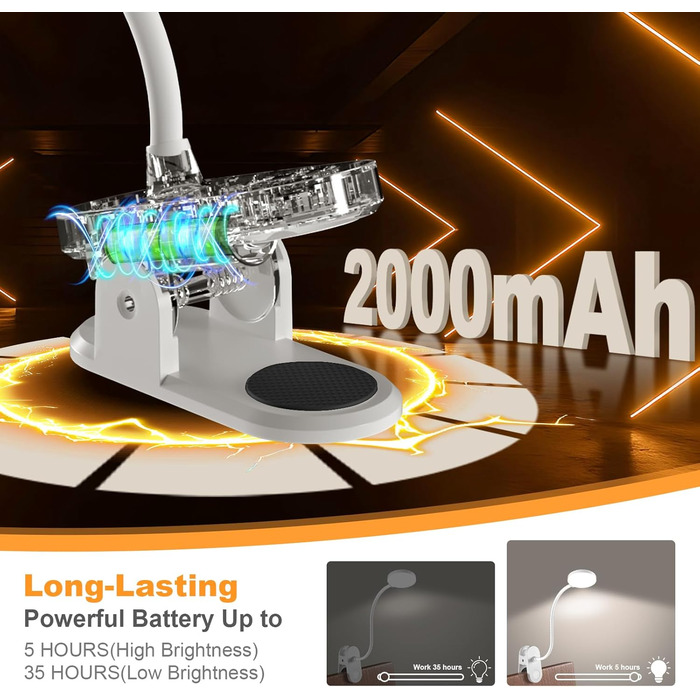LED лампа для читання ZAPLIT з кріпленням на ліжко – 3 режими, 10 яскравостей, USB-C, гнучкий шийка 40 см, для спальні, робочого столу та кемпінгу, білий, діаметр 3,5 дюйма