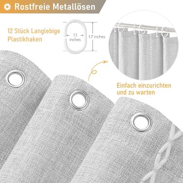 Шторка для душу BTTN 182 x 200 см, Бохо-фермерський стиль, важка тканина, з бахромою, водонепроникна, з вантажами, 12 гачків (сіра, смугаста)