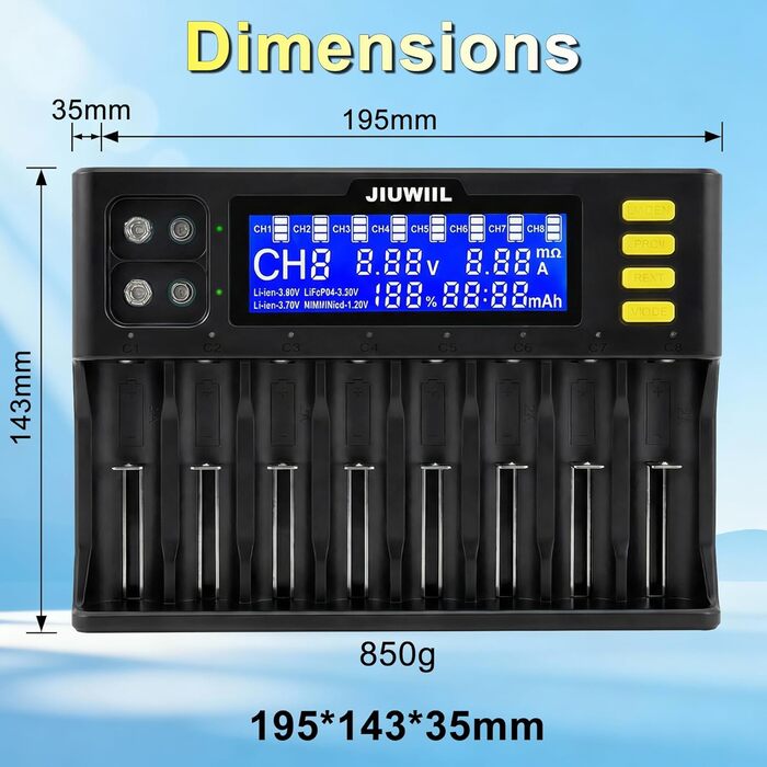 Зарядний пристрій JIUWIIL для акумуляторів 18650, Li-Ion/LiFePO4 (8+2 слоти) з LCD-дисплеєм – швидка зарядка 26650, 17500, 16340, 14500, 10440, 9V