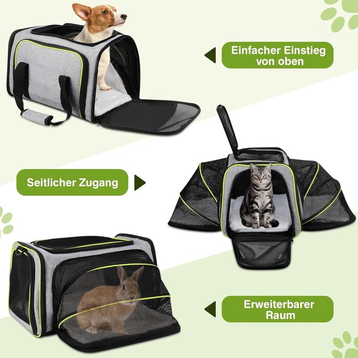 Транспортна сумка для котів та маленьких собак ALLSOPETS, розширювана, з підкладкою з флісу та кишенями (сірий & зелений)