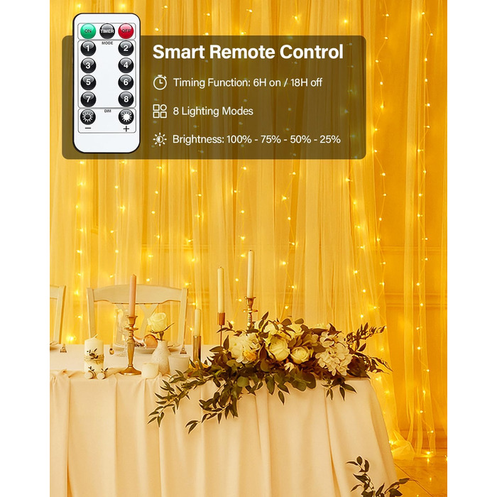 Ламповий фонтан 3x3м, 300 LED, USB, 8 режимів, пульт, IP65, для декору, свята, вечірки, тепле світло, мідний дріт