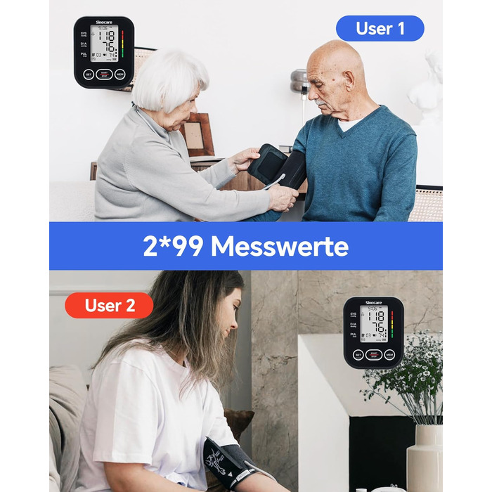 Тонометр Sinocare на плече - клінічно перевірений, 2x99 пам'ять для 2 користувачів, однокнопкове керування, XL-манжета (22-42 см), чорний