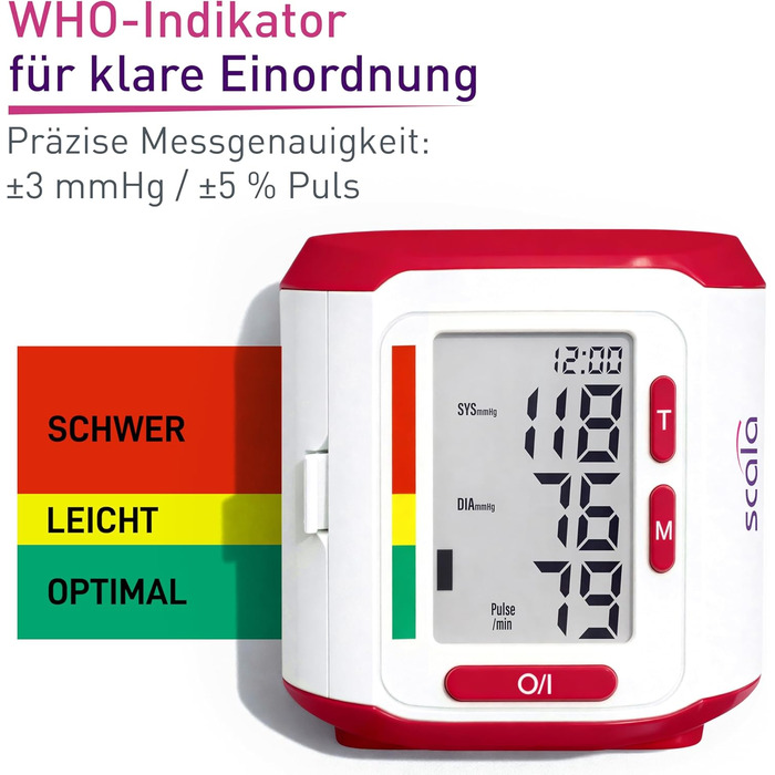 Тонометр на зап'ястя Scala SC 6400 - точний вимірювач артеріального тиску з індикатором ВООЗ, 85 місця пам'яті, Fuzzy Logic, з коробкою та батарейками, манжета 13,5-19,5 см