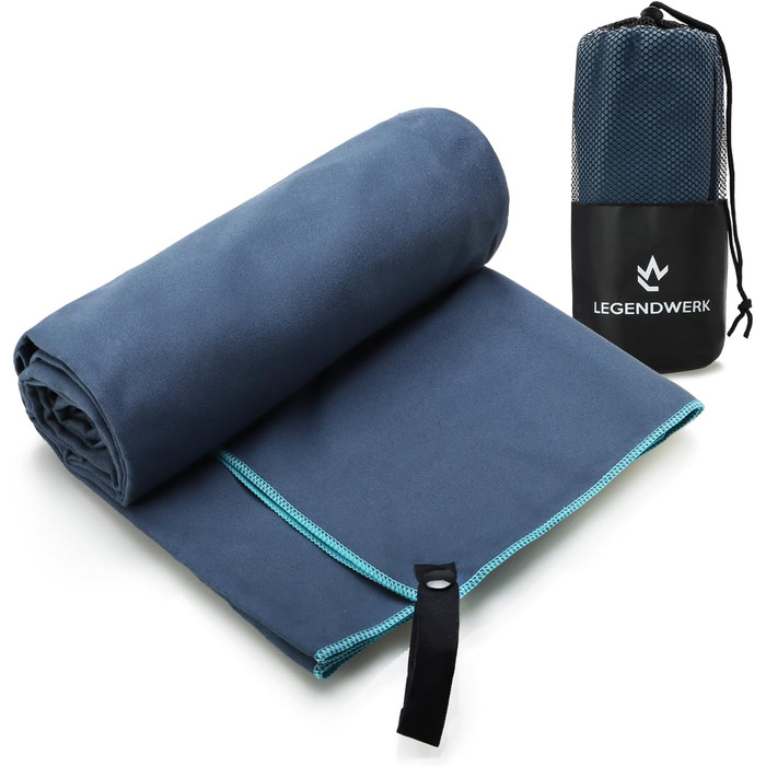 Рушник з мікрофібри Legendwerk® 160x80 см – швидковисихаючий, компактний, для подорожей, фітнесу, міста та відпочинку на природі – легкий, стильний, з сумкою та петлею для підвішування, 1 шт. (Дарк Блю)