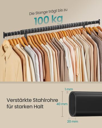 SONGMICS Clothes Rack with Wheels, Heavy-Duty Garment Rack, Extendable Clothes Rod, Load Capacity up to 100 kg, Easy Assembly, Portable, Black HSR13BKV1