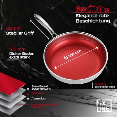 FIXLINE Black Forest Non-Stick Fry Pan - 28cm - RED Design - PTFE-Free - Compatible with All Cooktops (Including Induction) - Oven Safe up to 250°C - Easy to Clean - Ideal Gift