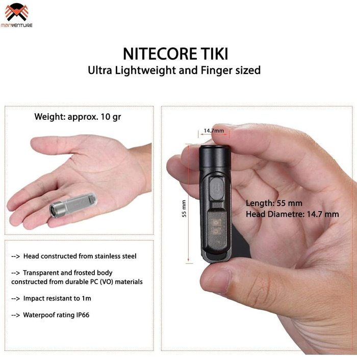 Ліхтарик-брелок Nitecore TIKI, міні, акумуляторний, 300 люмен, UV-світло, надяскравий