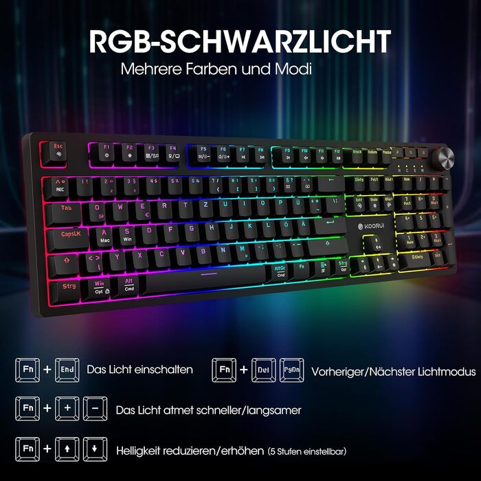 Механічна ігрова клавіатура KOORUI з підсвічуванням RGB, QWERTZ, 104 клавіші, для Windows/MacOS/Linux
