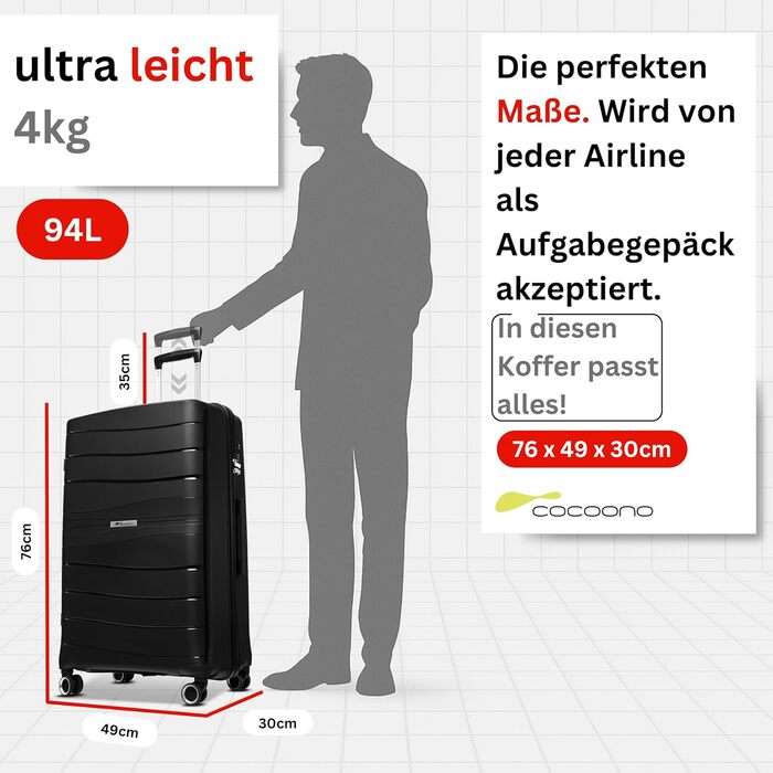 Чорний валіза Leon Koffer Groß 94L з TSA замком - валіза, роулер, XL, XXL, для подорожей