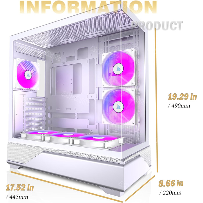 Ігровий корпус для ПК ANSAITE ATX Mid-Tower, 6 ARGB PWM вентиляторів, панорамне загартоване скло, USB Type-C, підтримка радіатора 360мм, Чорний