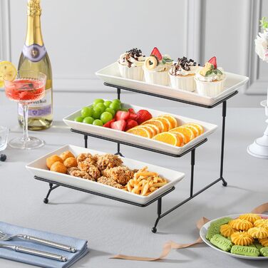 MALACASA 3-Tier Porcelain Serving Platter with Folding Sturdy Stand, for Party Entertaining Food Display, Fruit Dessert, Cupcakes, White, 30.5x15.3cm