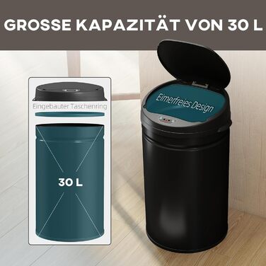 Сміттєвий бак сенсорний HOMCOM 30л нержавіюча сталь чорний з автоматичною кришкою та датчиком руху
