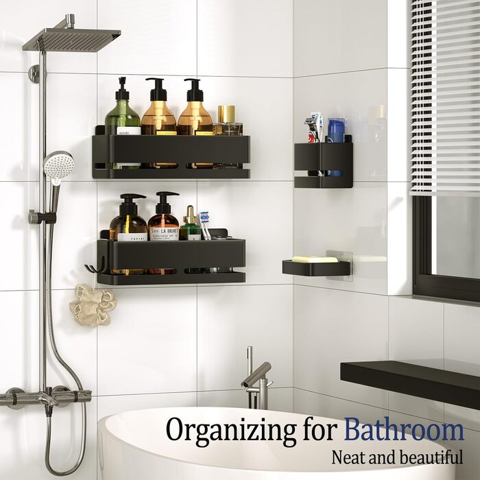 Набір полиць для ванної кімнати (5 шт.) з мильничкою та тримачем для зубних щіток, без свердління, для ванної та кухні (Сірий/Чорний)