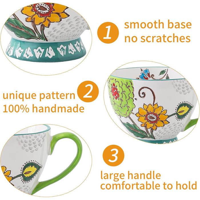 superyes Large Coffee Cup Set, 4 Pieces, Coffee Cup Set for Tea, Milk, Latte, Cappuccino, Cereal, Hot Chocolate, Soup, Gift for Friend, Family (Red-Yellow-Green, 425 ml x 4 Pieces)