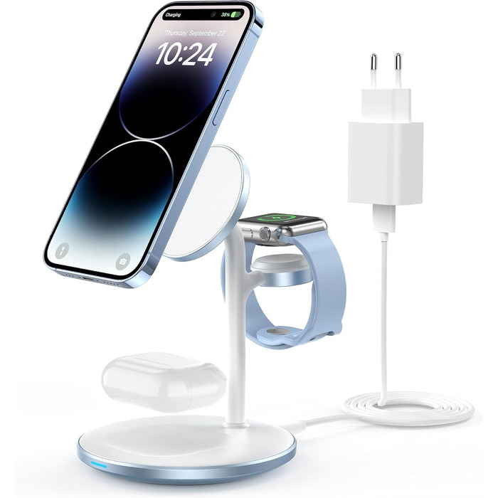 3-в-1 Індукційна зарядка для декількох пристроїв: iPhone 15/14, iWatch, AirPods, білий (блакитний)