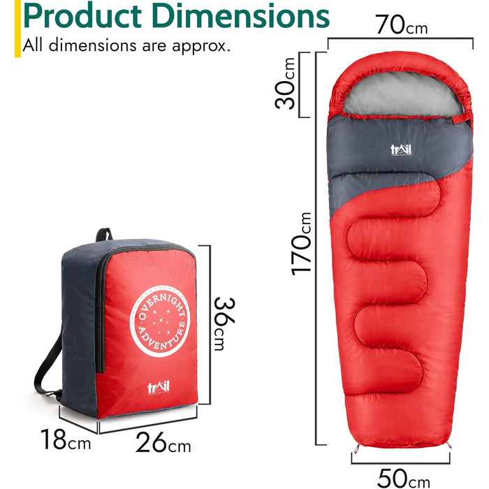Дитячий спальний мішок Trail Mumienschlafsack 3 сезони для кемпінгу – 300gsm – червоний (для хлопчиків та дівчаток)