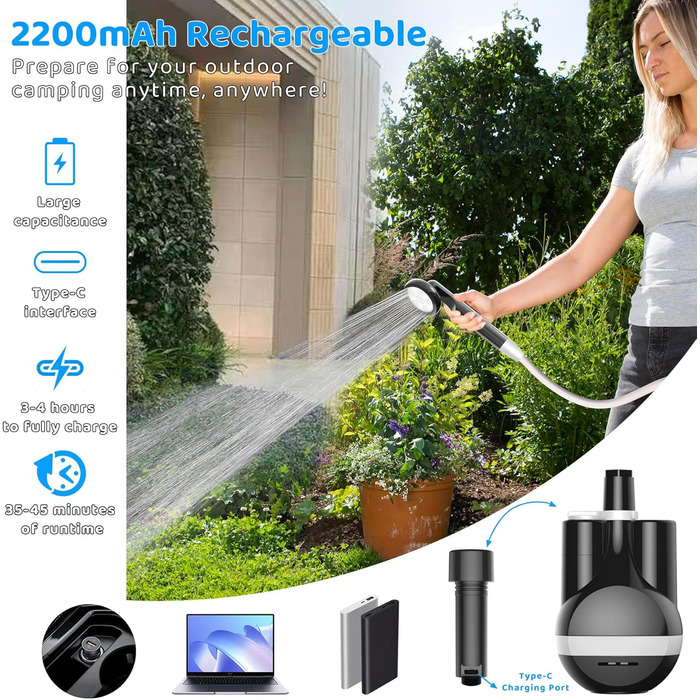 Портативна кемпінгова душ Forever Speed з акумулятором, 2м шланг для кемпінгу, саду, автомийки, пляжу, подорожей